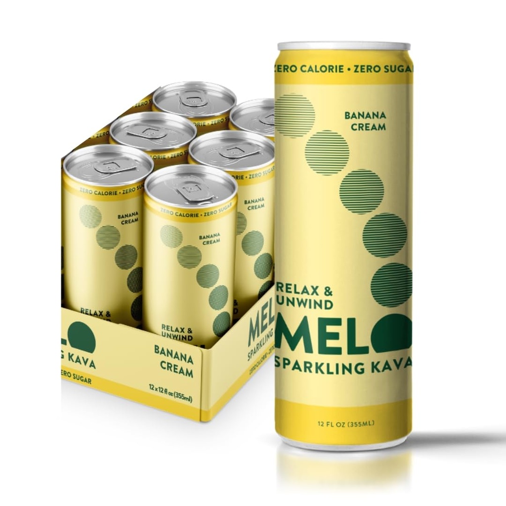 Melo Sparkling Kava Drink, Banana Cream, Sugar Free Napoje bezalkoholowe z Zero Kalorii, Gluten Free, Wegan, 100% Natural Mocktail 100 mg Kava Root per Drink, 6 Pack, 12 Oz Cans