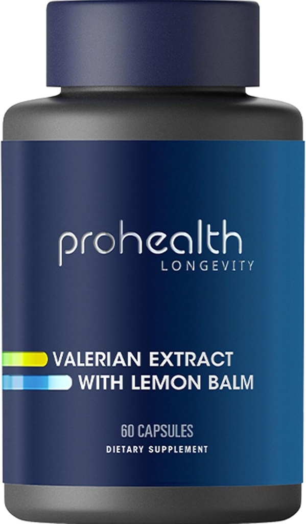 ProHealth Valerian Extract + Lemon Balm (60 Kapsułek) 160 mg Valerian + 80 mg Lemon Balm Between 124; Relaxation & Sleep Support Between 124; No Morning Groginess Between 124; Vegan Between 124; Gluten Free Between 124; Soy Free