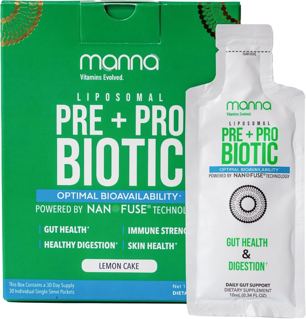 Manna Vitamins Evolved Liposomal Prebiotic + Probiotic Pakiety - 40 Miliard CFU, 8 Szczeliny - Gut, Digestive, Wsparcie immunologiczne - Wysoka absorpcja, Shelf- Stabilny, Suplement dzienny, 30 Pojedyncze Serwy