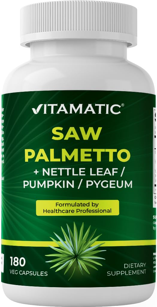 Vitamatic Saw Palmetto Extract dla mężczyzn i kobiet 180 Kapsułki Veg - Made with Pumpkin Seed, Pygeum, Nettle Leaf - Made in The USA - Promotes Healthy Prostate Function