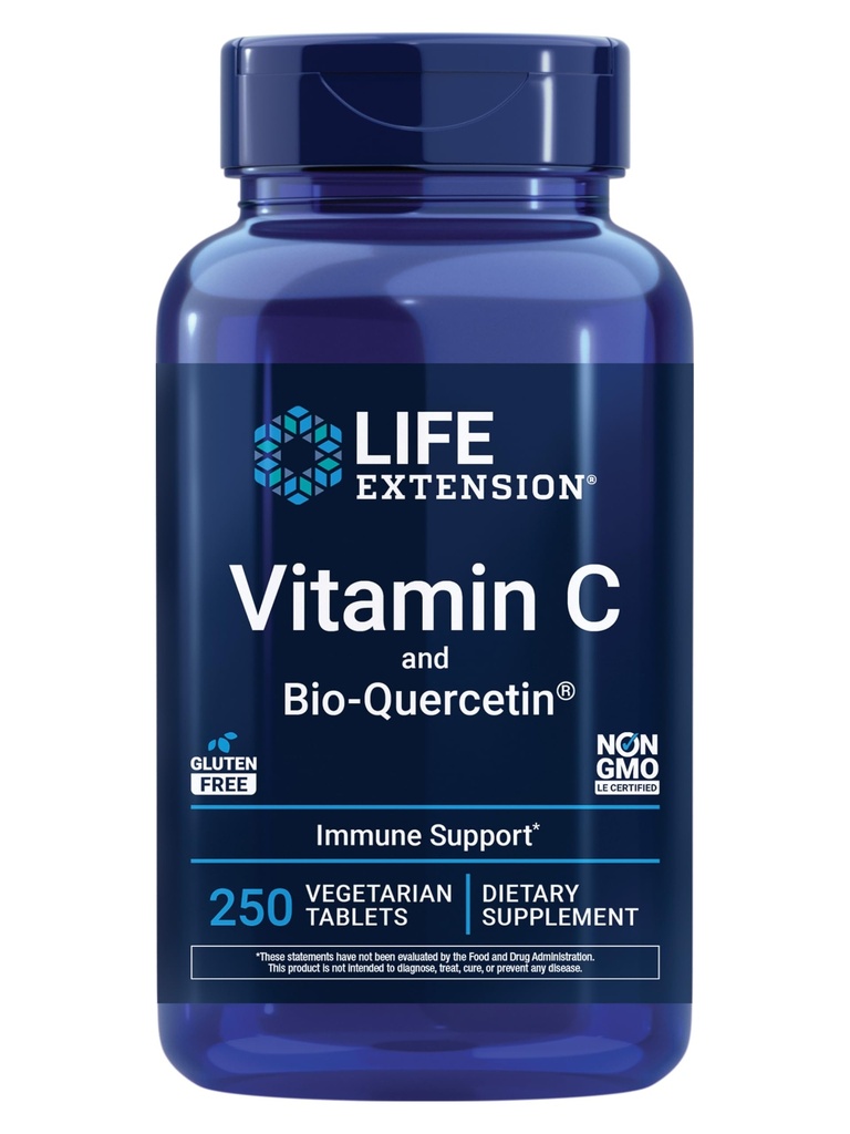 Przedłużenie życia Witamina C i Bio- Quercetin ®, Kardioviral Health Supplement, Wsparcie immunologiczne, Wysoko absorbowalne, Quercetin, Witamina C, Gluten Free, Non-GMO, Wegetarianin, 250 Tabletki