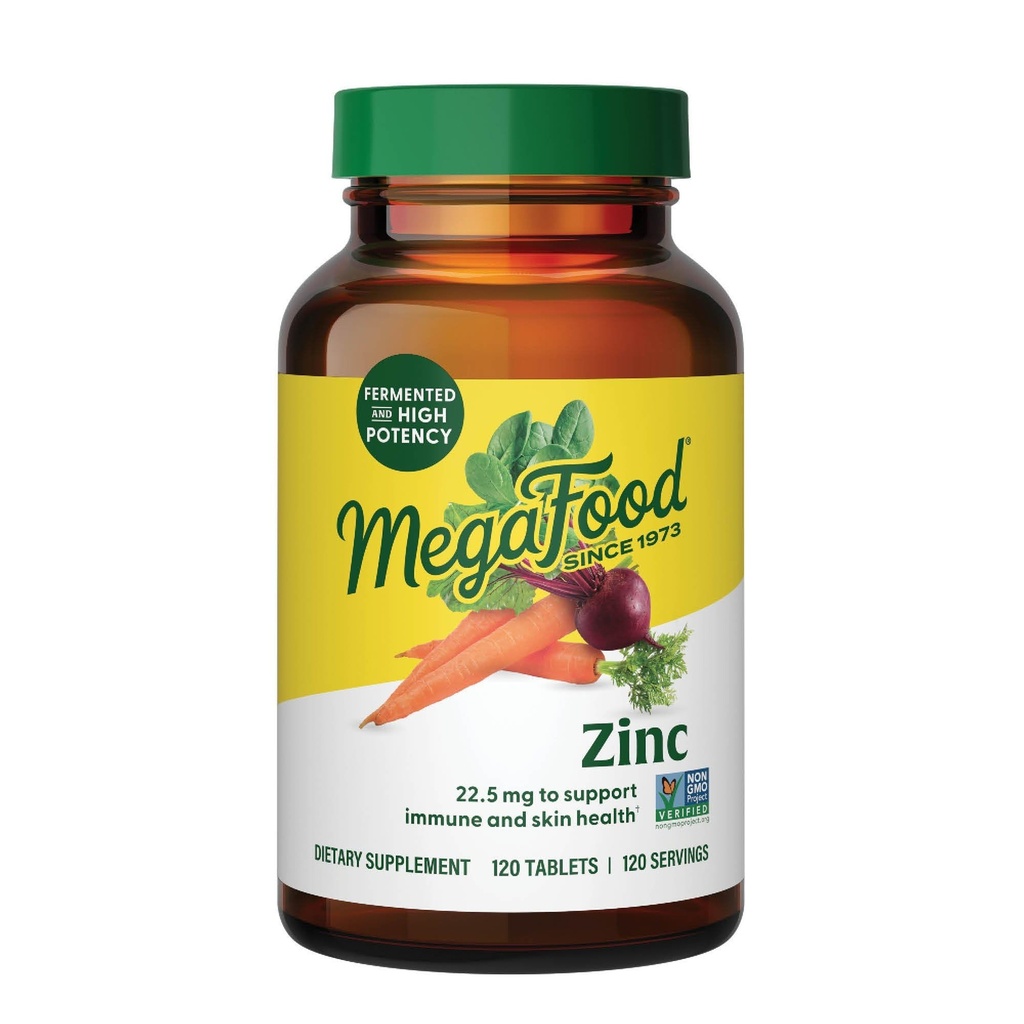 MegaFood Cynk Suplementy dla Kobiet i Mężczyzn - Wegański suplement wsparcia immunologicznego z 22,5 mg Wysokiej mocy Fermentowane tabletki cynku - Made with Real Food - 120 Tablets, 120 Servings