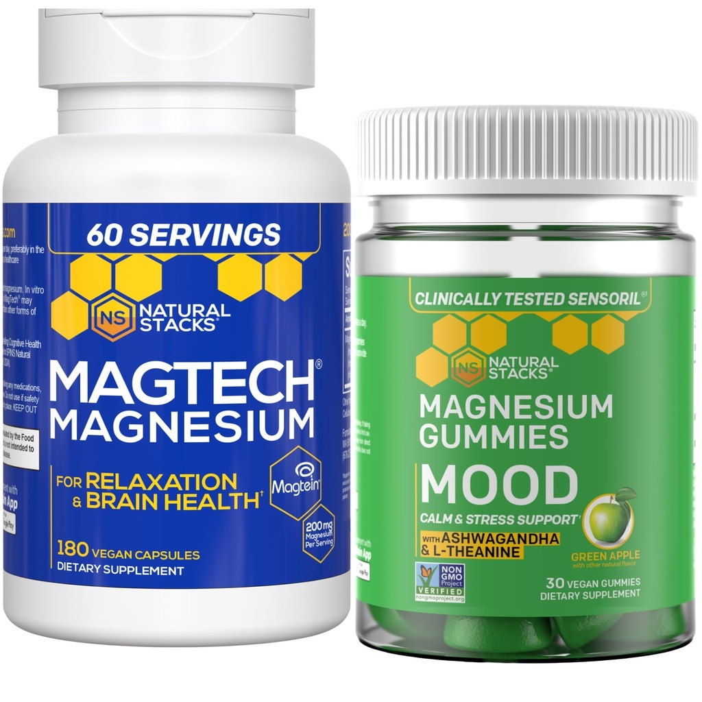 Naturalne stosy Magtech Magnezu + Nastrojowe gumki Magnezu Bundle - 4 Formy Magnezu - Relaks, Zdrowie mózgu i wsparcie stresowe * - 210 Razem Kawałki