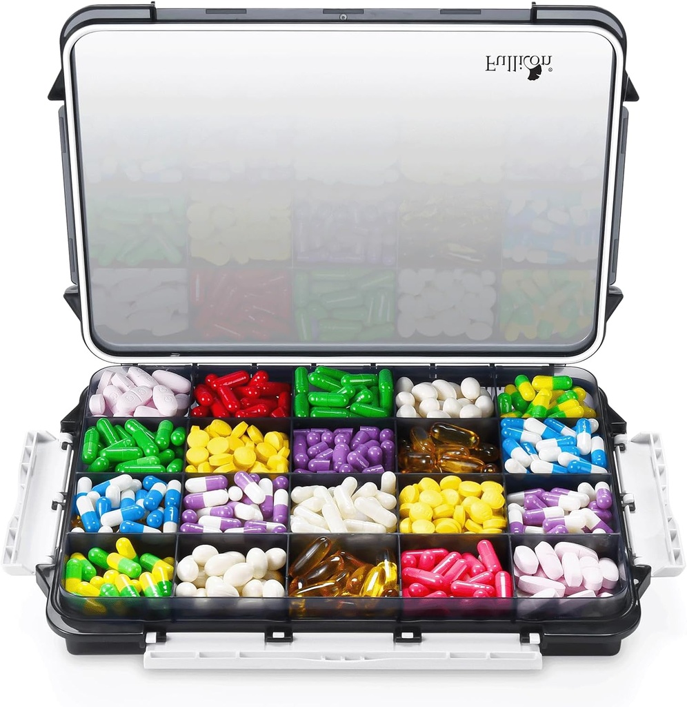 Fullicon Extra Duży Pill Organizator z Moisture Proof Design, Travel Jumbo Pill Box z 20 Komponent, Suplement Organizator do Witamin z 3 Bezpieczne klamry (czarny)