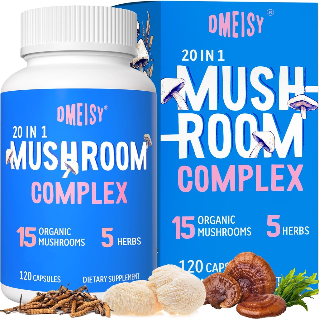 Mushroom Supplement 2600mg, 20-in-1 Mushroom Complex, with Lions Mane, Cordyceps, Reishi, Turkey Tail, Chaga - Brain Supplements for Memory and Focus, Memory Supplements, Mood, Immunity, 120 Capsule