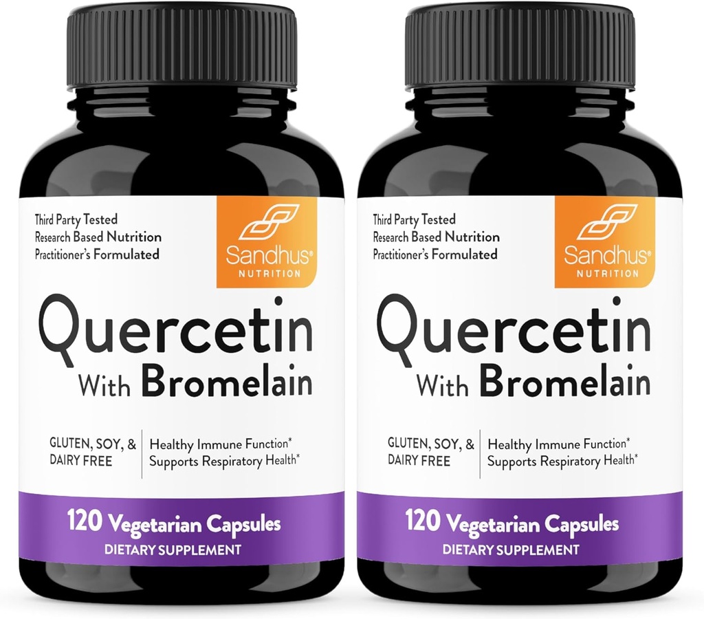 Sandhu 's Quercetin z Bromelain Vegetarian kapsułki Suplementy 120 Hrabia (Pack of 2) 124; Bioflavonoids dla immunologicznego wsparcia i zdrowia układu oddechowego, Sezonowe wsparcie alergii 124; Quercitin dla mężczyzn i kobiet