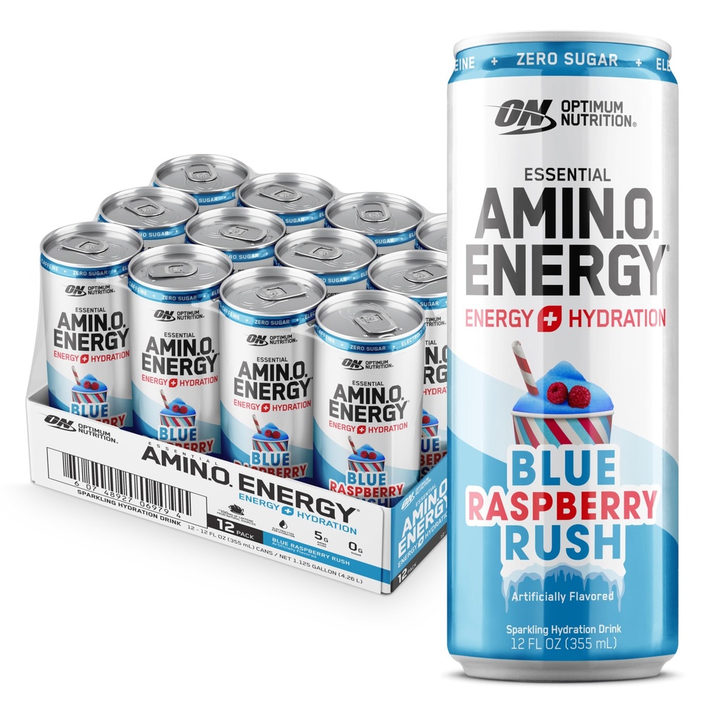 Optimum Nutrition Amino Energy Sflaging Hydration Drink, Electrolytes, Kofeina, Amino Acids, BCAA, Sugar Free, NEW Blue Raspberry Rush, 12 Fl Oz, 12 Pack (Packaging May Vary)