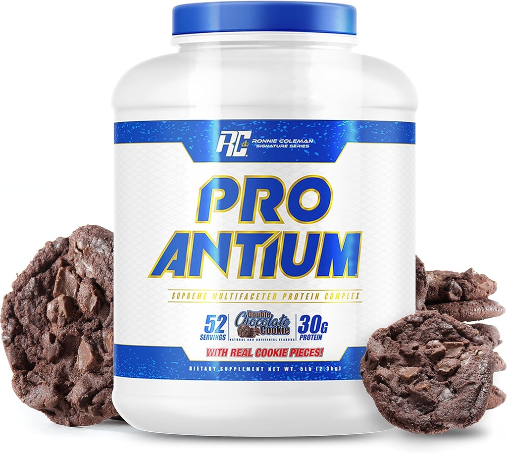 Ronnie Coleman Signature Series Pro- Antium Proszek z białka serwatki z BCAA i EAA, Kreatyna do regeneracji i Lean Muscle Support, 30 g białka na serwowanie, podwójne czekoladowe Cookie, 5 Lb