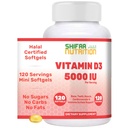 SHIFAA NUTRITION Halal Witamina D, Halal Witamina D3, 5000 IU Softgels, 120 Służenie. Non-GMO, Gluten- Free, Wsparcie: Struktura, Kości, Zęby, Serce, Mięśnie i Funkcje immunologiczne