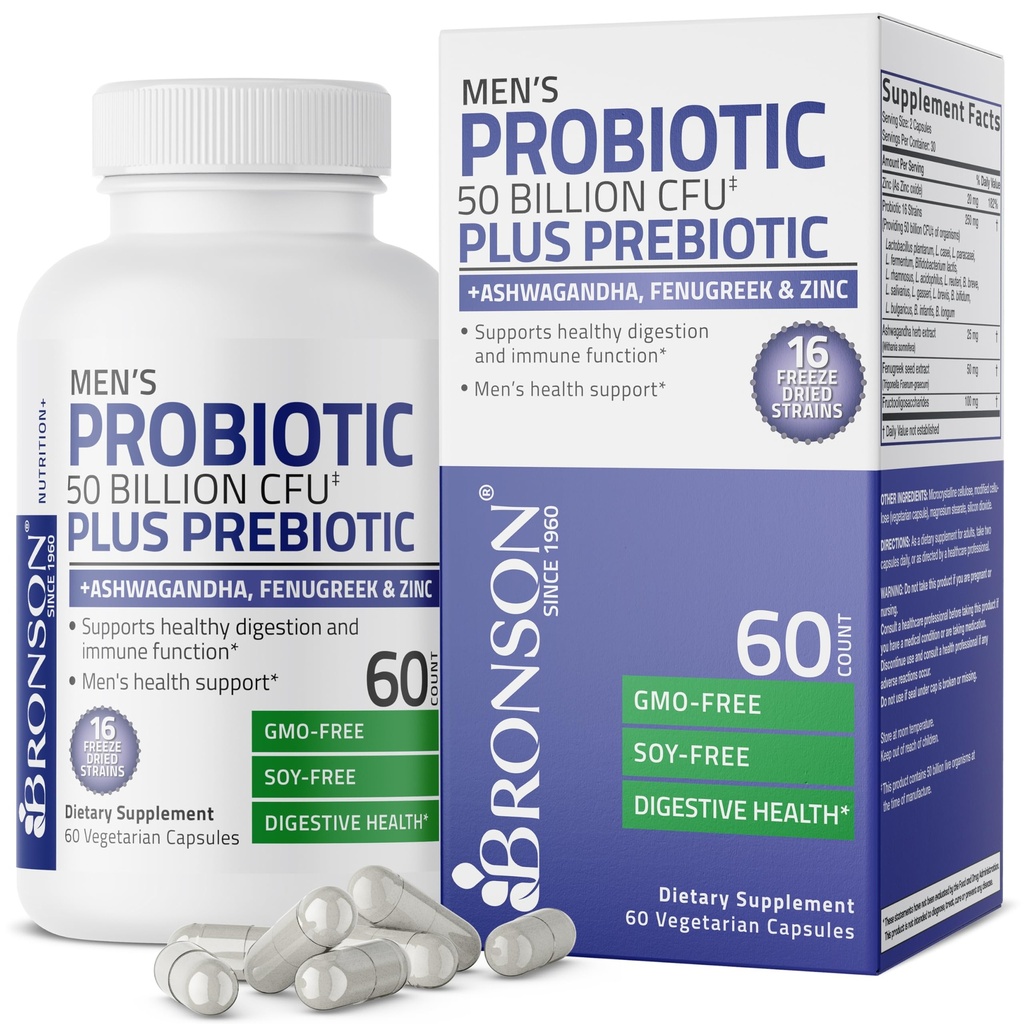 Bronson Men 's Probiotic 50 Milion CFU Plus Prebiotyk z Ashwagandha, Kozieradka i cynk, Wspiera zdrową trawienie i immunologiczne Funkcje Non-GMO, 60 Kapsułki wegetariańskie