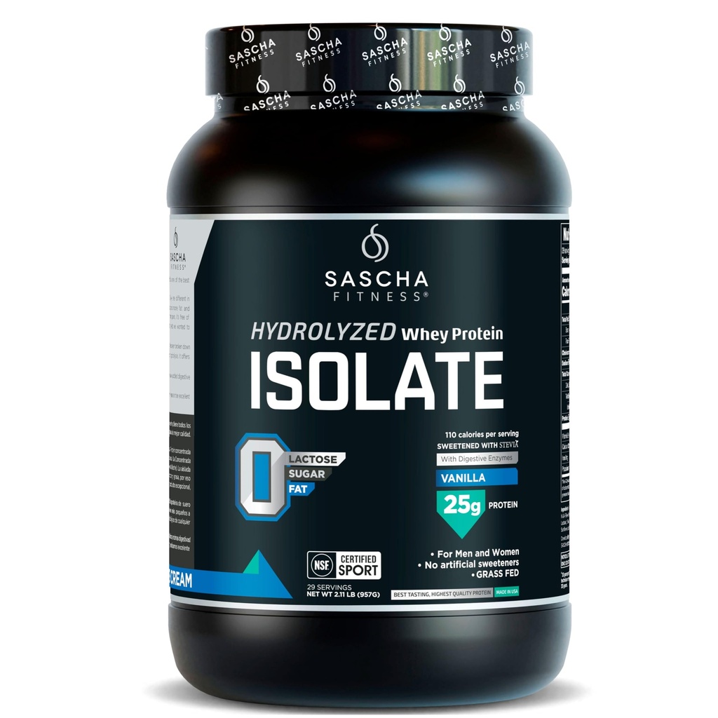 SASCHA FITNESS hydrolizowany izolat białka serwatki, 100% Grass- Fed (2 funty, Vanilla)
