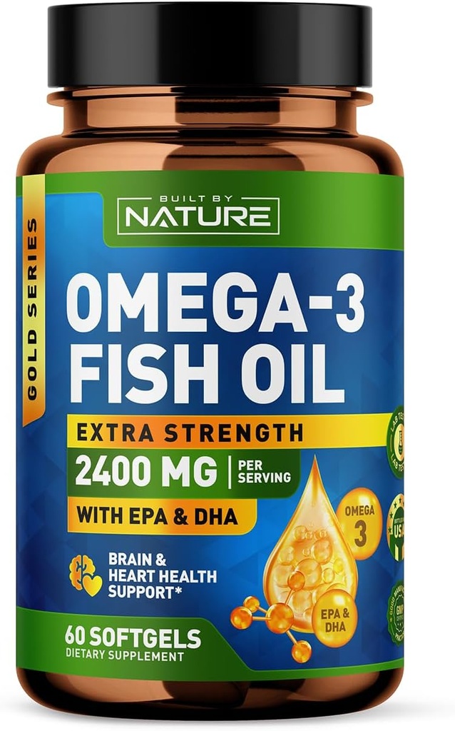 Wybudowany przez Nature Omega 3 Fish Oil Soft żele - 2400 mg Fish Oil, 1440 mg Omega 3, 864 mg EPA, 576 mg DHA - Dodatkowa siła mózgu i serca suplement wsparcia zdrowia - 60 Softgels
