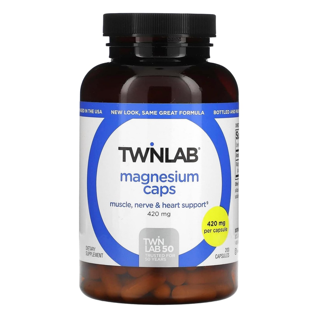 Twinlab Magnezu Czapki - Wysoka Absorpcja Magnezu Suplement do Wspomagania Rasy Nogi - Magnezu Kapsułki do Ulgi Stress, 420 mg, 200 Hrabiego, 1 Opakowanie
