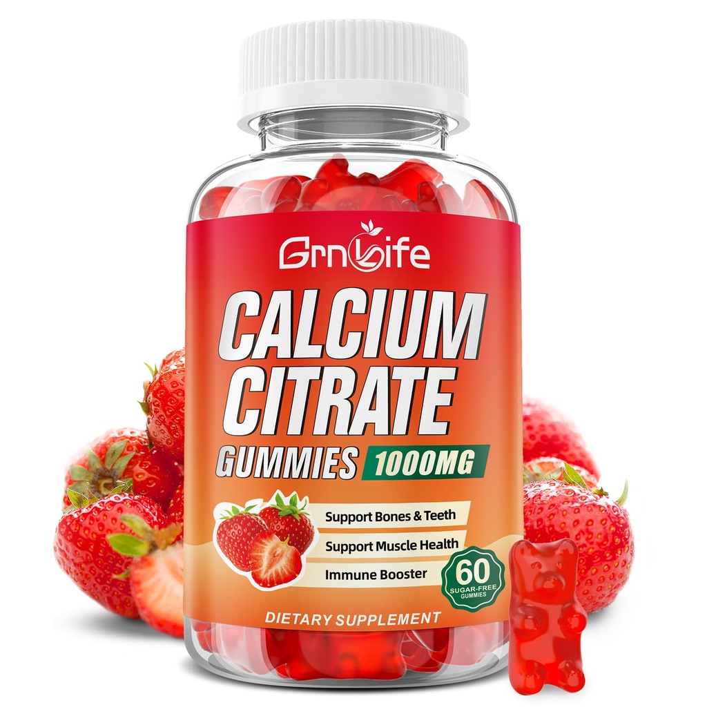 Gummies cytrynian wapnia, bezcukrowy Cytrynian wapnia 1000mg dla mięśni zdrowe, Wchłanianie Suplementy wapnia dla dorosłych i dzieci, Truskawka, 60 Hrabia