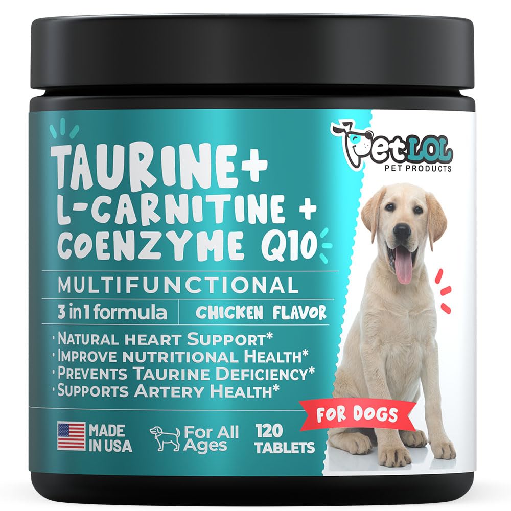 Suplement do tauryny dla psów z L- karnityną i koenzym Q10 (CoQ10): Vet Endorsed for Greaged Heart (DCM), Zastoinowa niewydolność serca, Niedobór tauryny: 3- in- - in- 1