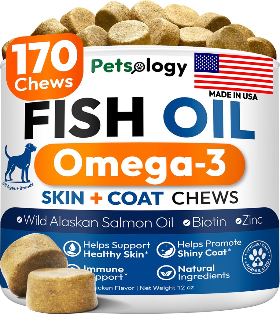 Omega 3 Fish Oil for Dogs - 170 Chews - Omega 3 for Dogs Itchy Skin & Alergy Relief - Skin & Coat Supplement - EPA & DHA Fatty Acids - Dog Anti Shedding & Hot Spot Treatment - Salmon Oil