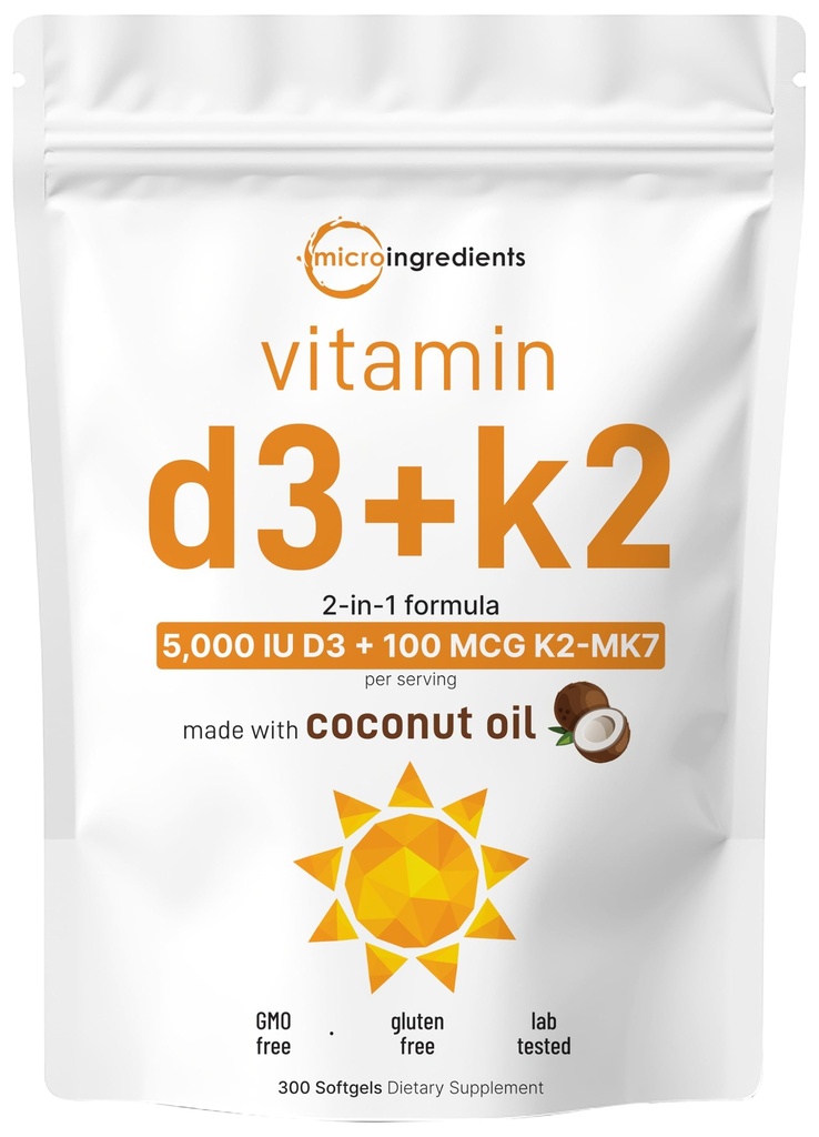 Micro Ingredients Vitamin D3 5,000 IU + K2 MK-7 100 mcg, 300 Softgels | Virgin Coconut Oil | 2-in-1 Support | Easy to Swallow, Non-GMO