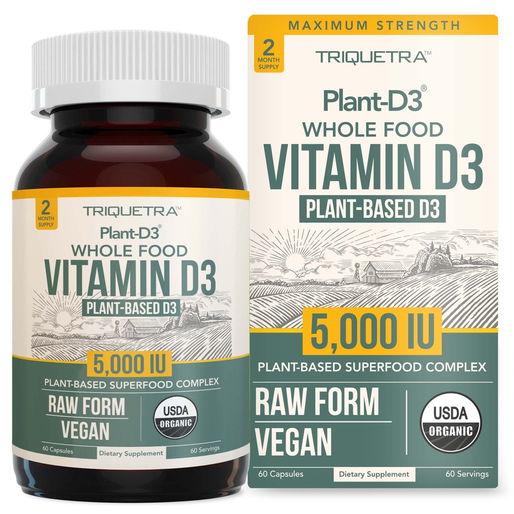 Witamina organiczna D3 5000 IU - 100% Cała żywność i planta- w postaci cholekalcyferolu, 100% Witamina wegańska D - Wzmocniona kompleksem prebiotycznym i Superfood - Organic, Wegan, GMO i Gluten Free (60 Kapsułek)