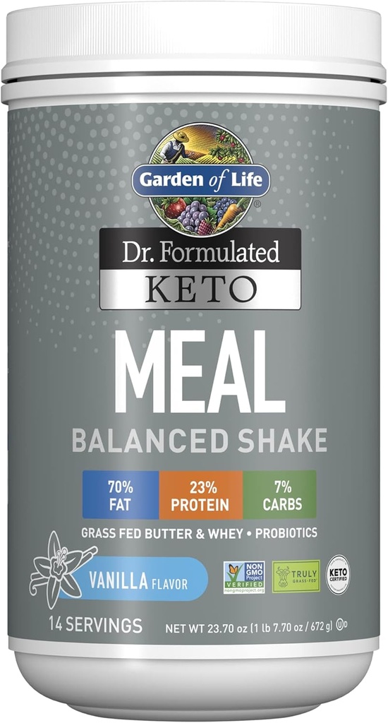 Ogród życia Dr. Spreparowane Keto Meal Balanced Shake - Vanilla Powder, 14 Słupki, Prawdziwie Grass Fed Masło i białko serwatki plus Probiotyki, Non-GMO, Gluten Free, Ketogenic, Paleo Meal Wymiana