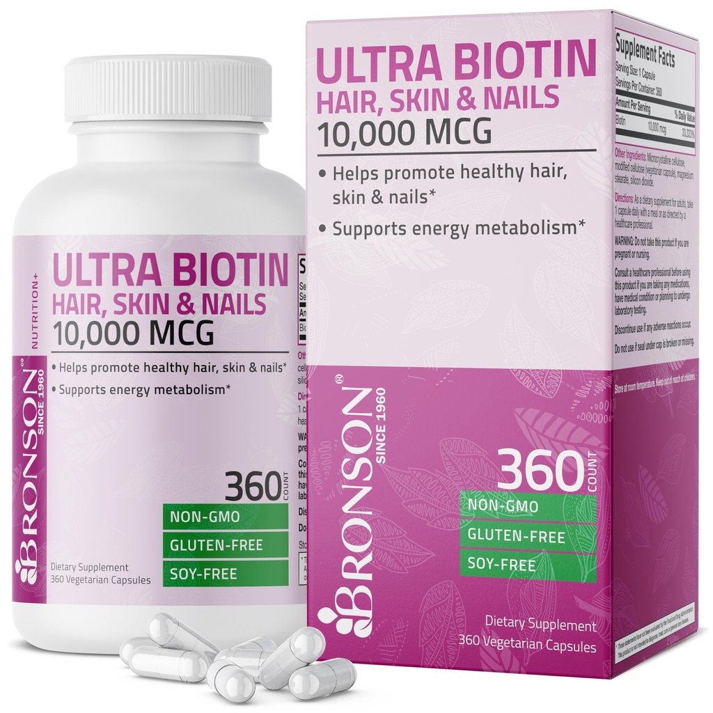 Bronson Ultra Biotin 10 000 Mcg uzupełnienie skóry i paznokci, Non-GMO, 360 kapsułki wegetariańskie