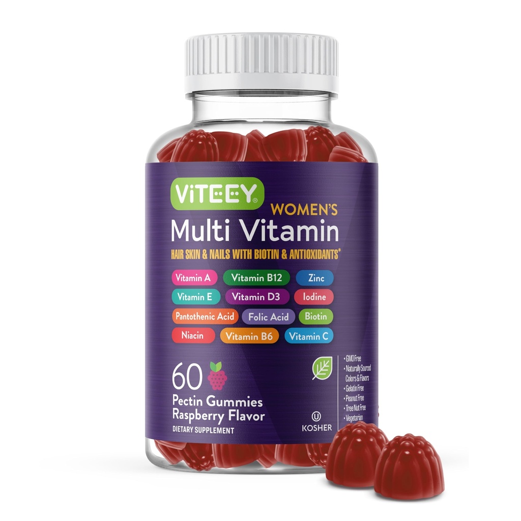 Witeey Womens Multivitamin Gummies - Immune Support - 12 in 1 Esential Vitamin & Minerals - Witamina A, C, D3, E, B6, B12, Kwas foliowy, Biotin, Wapń, Cynk & More - Wegetarianin - Malina aromatyczna