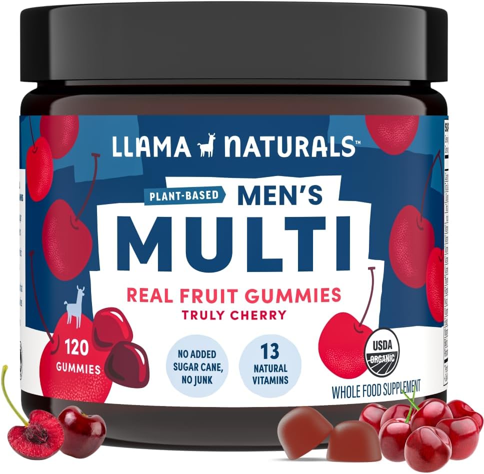 Lama Naturals Multivitamin dla mężczyzn, Wegan, Organic Gummies z witaminą D, C i K, Men 's Real Fruit Gummy Witaminy, suplement do żucia Multivitamin, No Added Sugar Cane, Cherry, 120 Ct