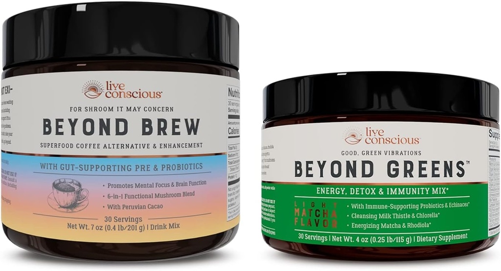 Live Conscious Beyond Zieloni & Beyond Brew 124; Pyszne Zielone proszek do rozkwitu + Grzyb Superfood kawa alternatywna kofeina wolna