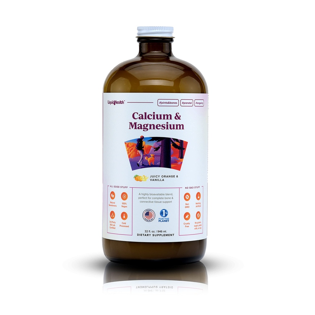 LIQUIDHEALTH Wapń & Magnez Dorosły suplement witaminy płynnej - kości, stawów, mięśni, wsparcia tkanki łącznej, Heart Health, Esential Nutrigents - Made in the USA, Wegan, Nie GMO, No Sugar (32 oz)