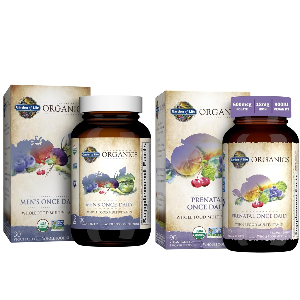 Garden of Life Organic Witamina prenatalna: Folate for Energy & Healthy Fetal Development & Organics Multivitamin for Men - Mężczyźni raz dziennie cały suplement witaminy tabletki, Wegan, 30 Hrabia