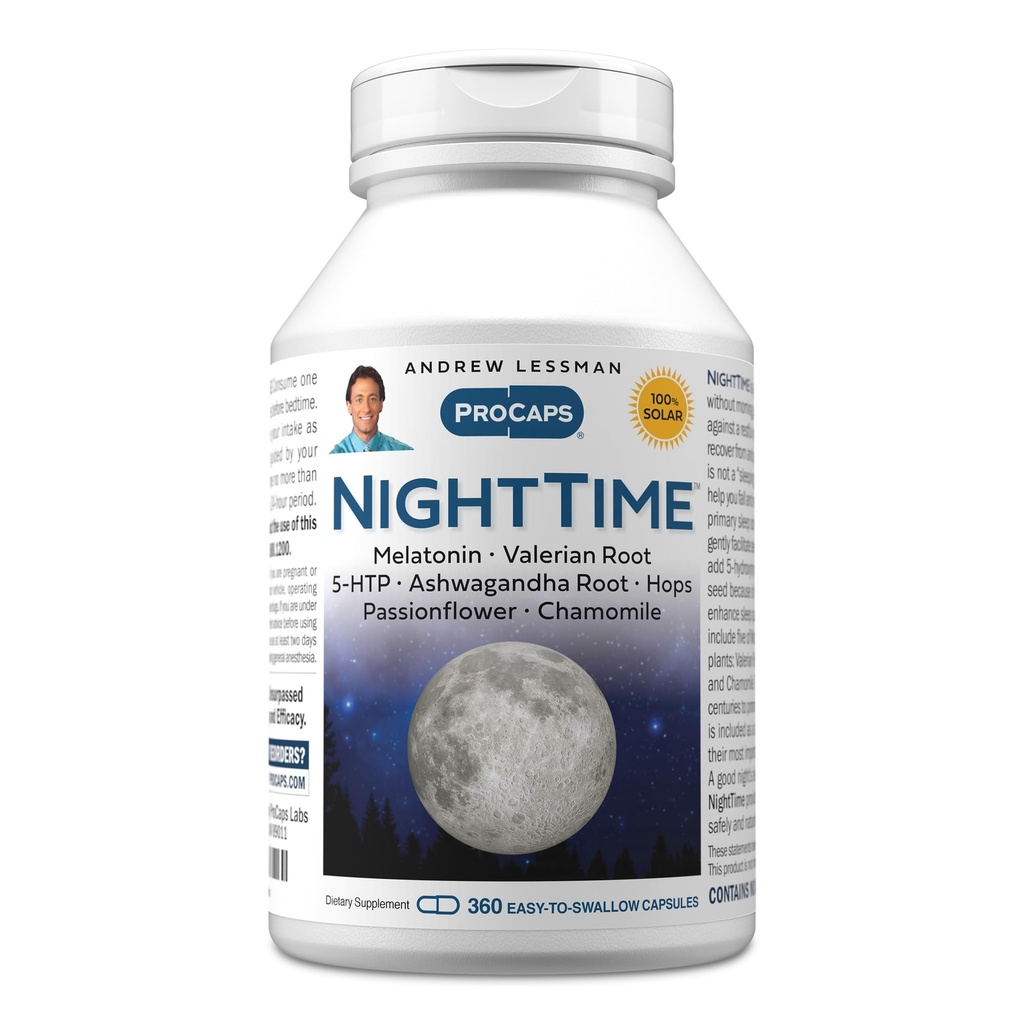 ANDREW LESSMAN Night Time 360 kapsułki - 3 mg Melatonina, Valerian, Ashwagandha, Passionflower, Chmiel, Rumianek. Żadnego poranka. Naturalne wsparcie, łagodny sen. Łatwe do połknięcia kapsułki