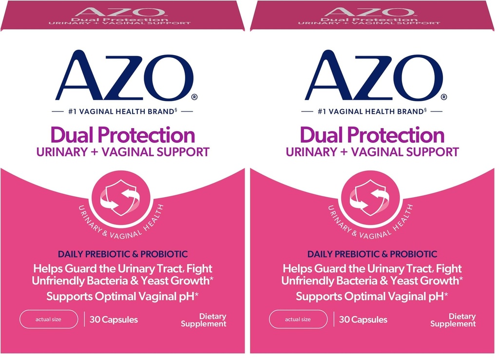 AZO Dual Protection AIR124; Urynary + Vaginal Support * AIR124; Prebiotic Plus Clinically Proven Women 's Probiotic AIR124; rozpoczyna pracę w ciągu 24 godzin; Non-GMO AIR124; 30 Count (Pack of 2)