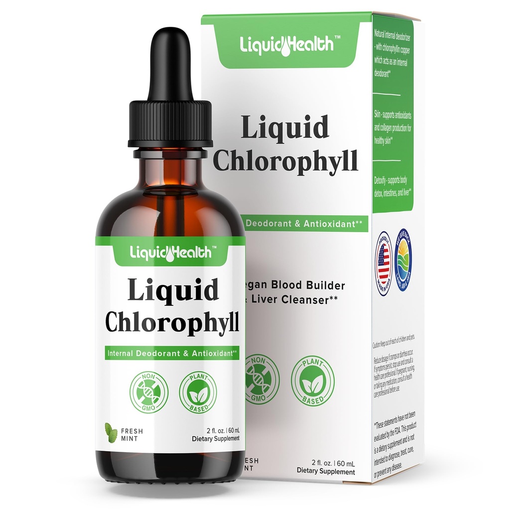 Chlorofil płynny LIQUIDHEALTH - Dezodorant wewnętrzny, Detox wątroby, Wsparcie immunologiczne, Promowanie Kolagen na włosy i skórę, Stop Bad Breath, Reduce Apetite - Made in USA, Wegan, Non-GMO (2 oz)