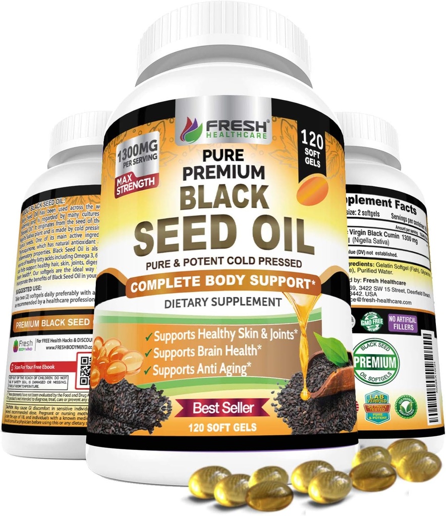 ŚWIEŻE ZDROWIE Czarny olej nasienny Kapsułki tłoczone na zimno 1300mg - 100% Czysty Non-GMO Nigella Sativa - Immune & Joint Support - Premium Softgel Supplement