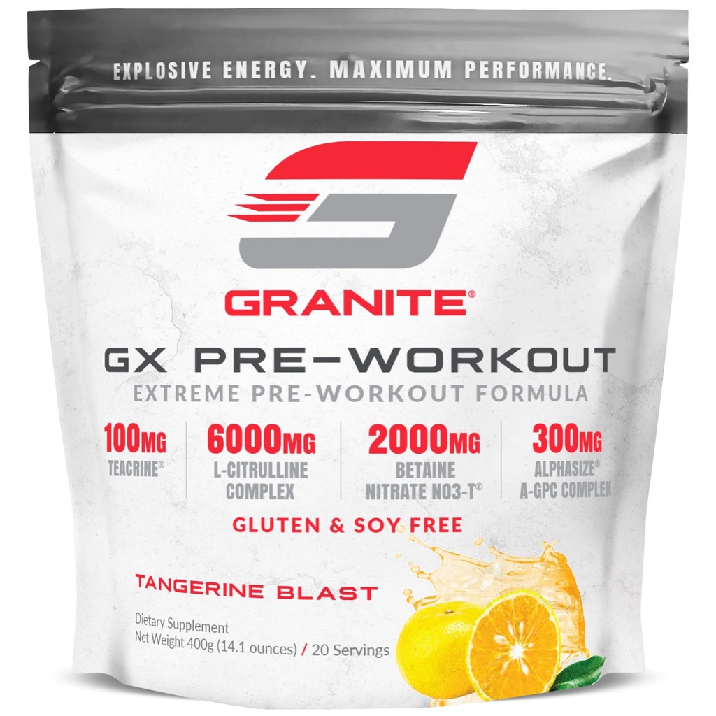 Granite GX PreWorkout Suplement, Tangerine Blast Flavor, Wsparcie Focus, Energia, & Performance z Teacrine, L- Citruline, Betaine, & A- GPC (20 Służenia)