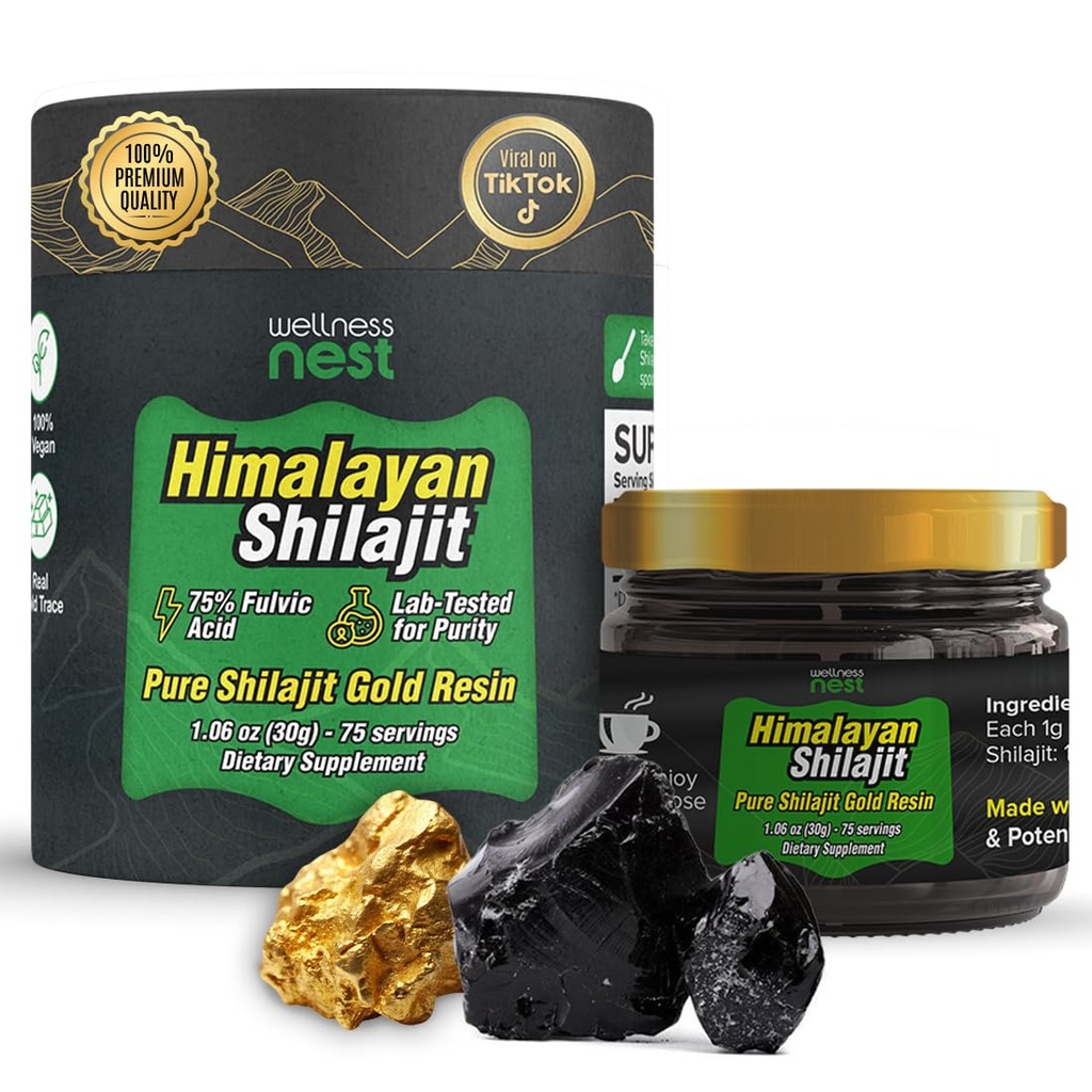 Wellness gniazdo Gold Grade Pure Himalayan Shilajit Resin: Ostateczna moc dla mężczyzn i kobiet - 24k Gold, 75% + kwas Fulvic, Lab Test Report Zawarte - 30g (1 Pack), 75 Sługi