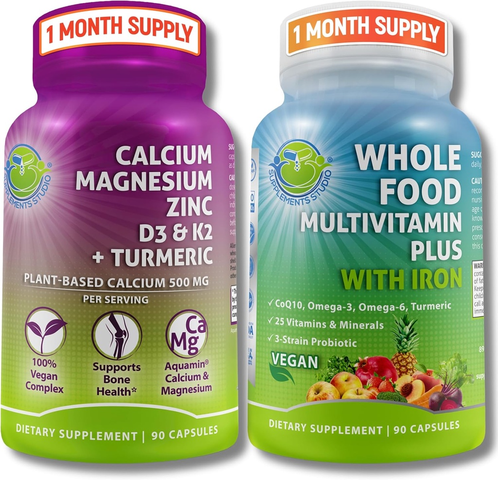 Wegańskie całe jedzenie Multiwitamina z żelaza + Plant- Based Wapń, Magnez, Cynk, D3, K2 & Turmeric - Wegańskie Codzienne Wsparcie dla Energii, Zdrowia Kości, Immunitety & Ogólnie Wellness Trio