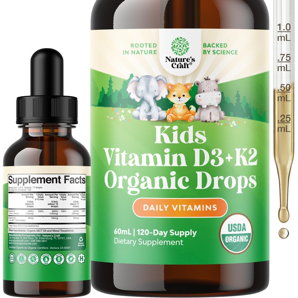 Natury Rzemiosło Dzieci Witamina D3 K2 Krople - Organiczna Witamina D dla dzieci z silnymi kośćmi i łącznikami - Niemowlęta, Dzieci i Toddler Immune Support Drops Liquid Supplement - 60 ml