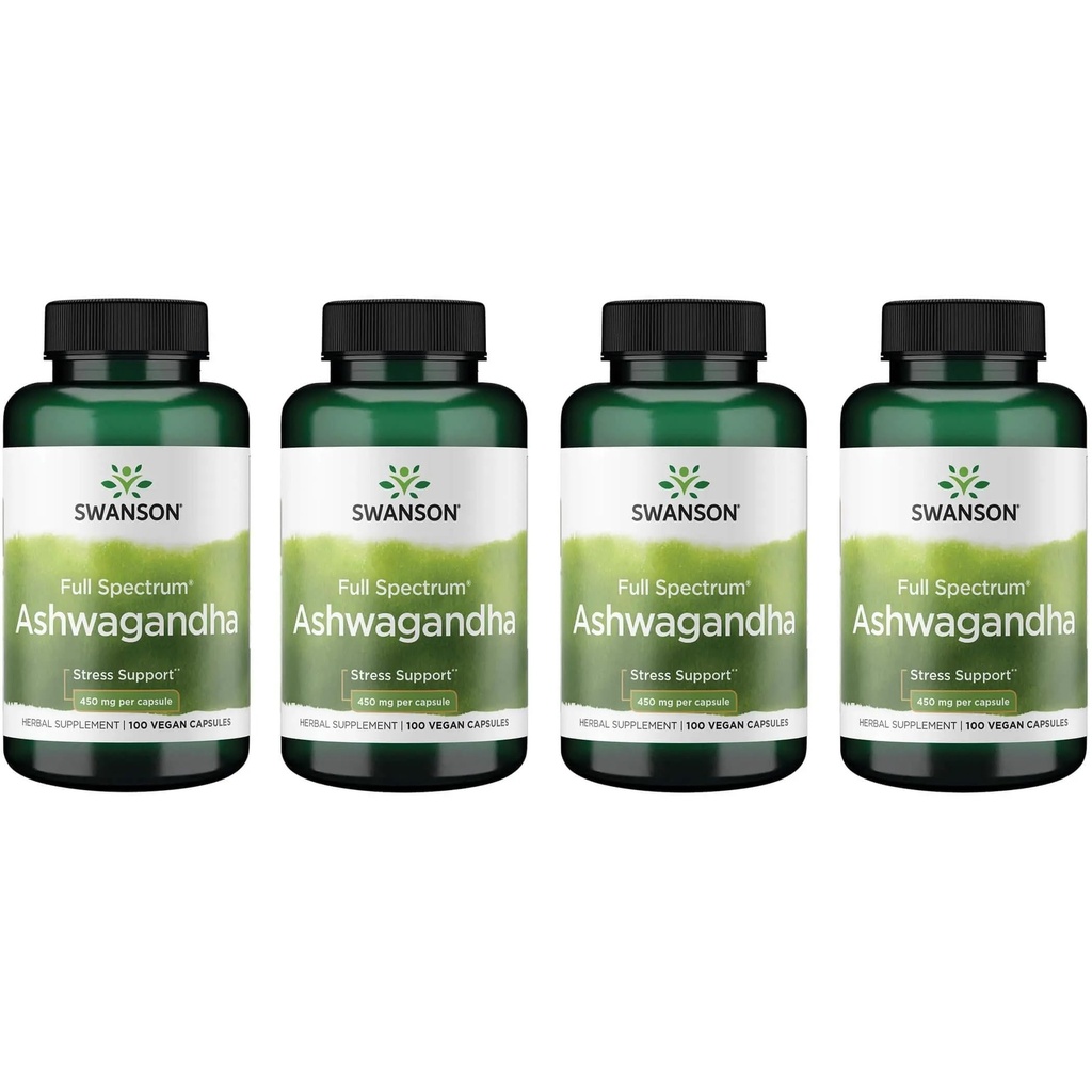 Swanson Ashwagandha Powder Supplement - z Ashwagandha Root do promowania odciążenia i energii - Ayurvedic Supplement for Natural Wellness (100 kapsułki, 450mg każdy) 4 opakowania