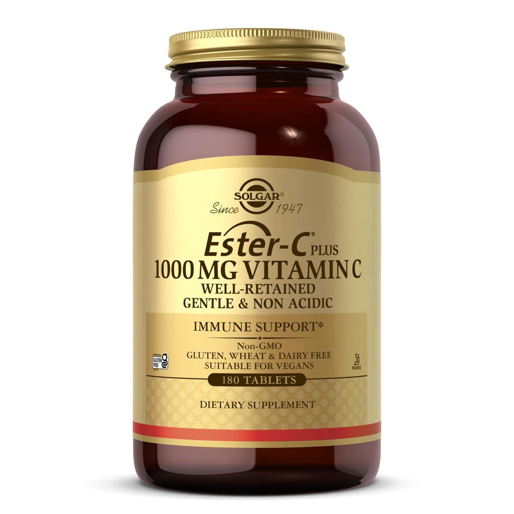 Solgar Ester-C Plus 1000 mg Vitamin C (Ascorbate Complex) - 180 Tablets - Gentle & Non Acidic - Supports Upper Respiratory Health - Non-GMO, Gluten-Free - 180 Servings