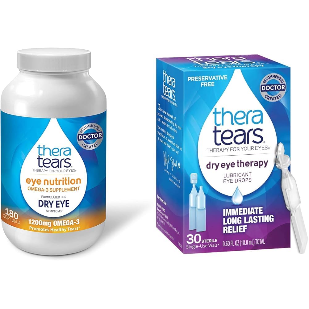 TheraTears 1200mg Omega 3 Suplement do Żywienia Oko, Trigliceryd organiczny lniany Trigliceryd Fish Oil & Dry Eye Therapy Lubrykating Eye Drops for dry Eyes, Preservative Free Eye Drops