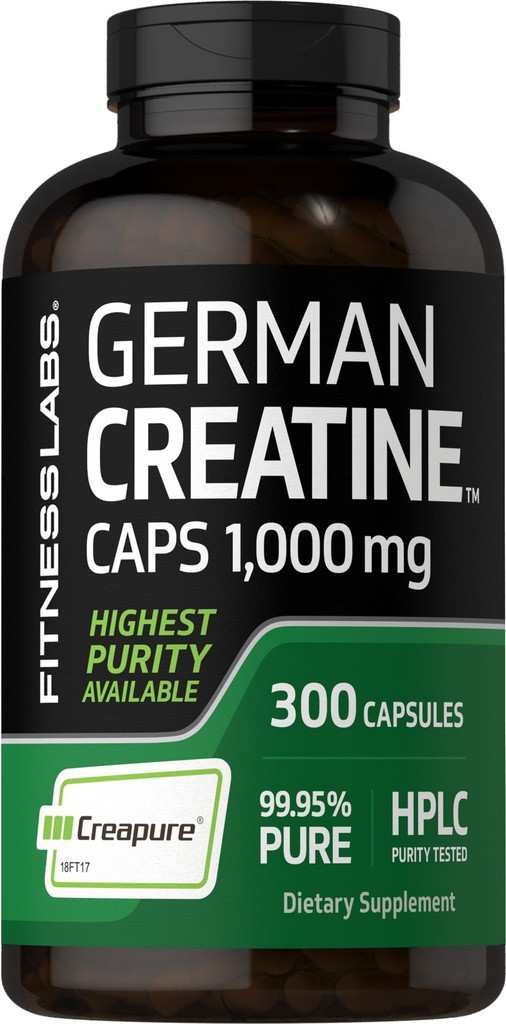 Laboratoria fitness Niemieckie Monohydrat kreatynowy 124; 1000mg 124; 300 Kapsułek 124; Suplement dla Kobiet i Mężczyzn 124; Non- GMO, Gluten Free