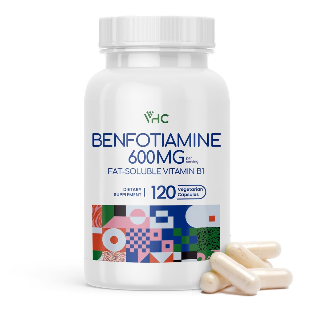 VHC Witamina B1 Benfotiamina 600mg Suplement - 5X Czas Rozpuszczalny Tiamina Witamina B1- Max Boost Biodostępna Tiamina B1 Levels- 120 Veggie Kapsułki, Non-GMO, Soy Free- Made in USA