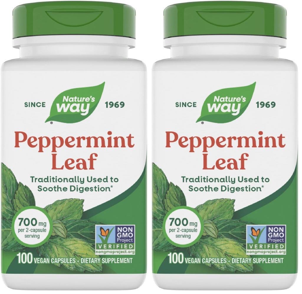 Natural 's Way Premium Herbal Peppermint Leaf, Tradycyjne Destinative Soothing and Discomfort Support *, 700mg per Serving, 100 kapsułki (Opakowanie 2)
