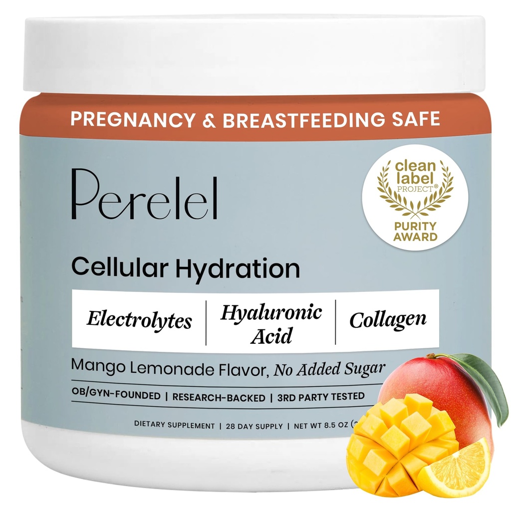 Proszek nawadniający Perelel, Suplement elektrolitu z Collagen & Kwas hialuronowy, Mango Lemoniada Flavor, Soy & Gluten Free, Nie GMO, Nie dodawany cukier, 28 Służenia