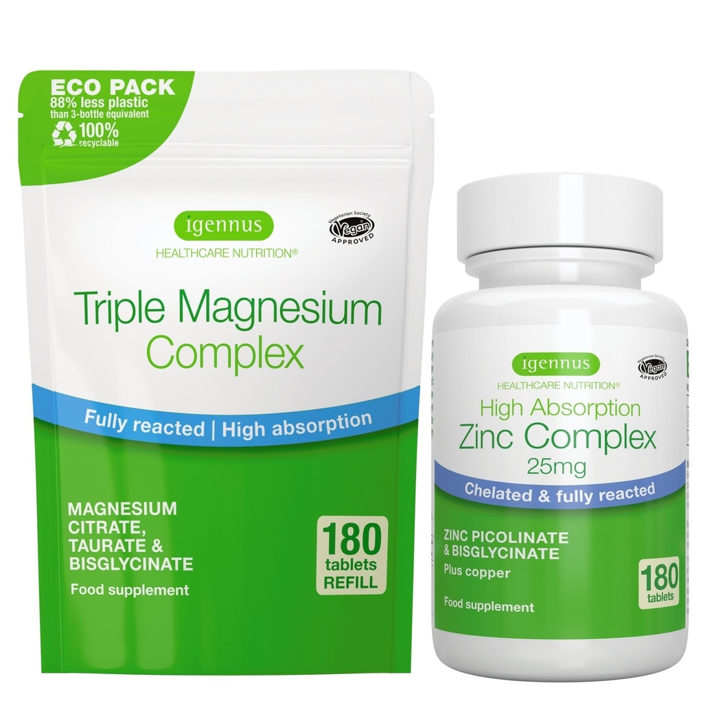 Triple Magnezu Complex 180 Tablets + Cynk Complex Wegan Bundle, Wysoka Absorpcja Chelated Magnezu + 25 mg Chelated Pikolinian cynku i Bisglicinat z miedzi, przez Igennus