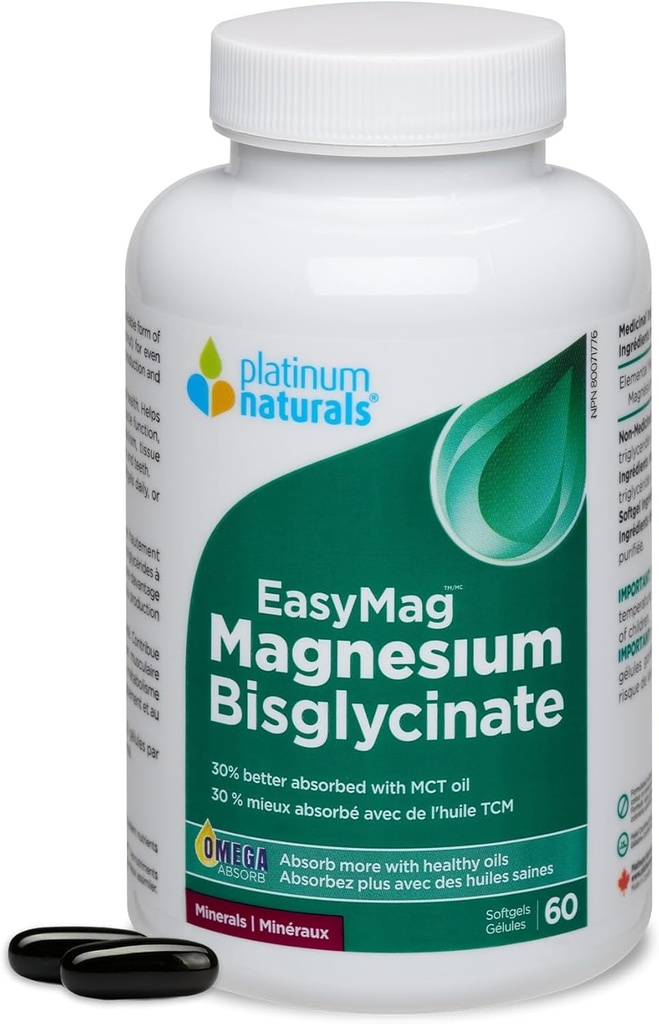 Platinum Naturals EasyMag Magnesium Bisglycinate, 60 Softgels