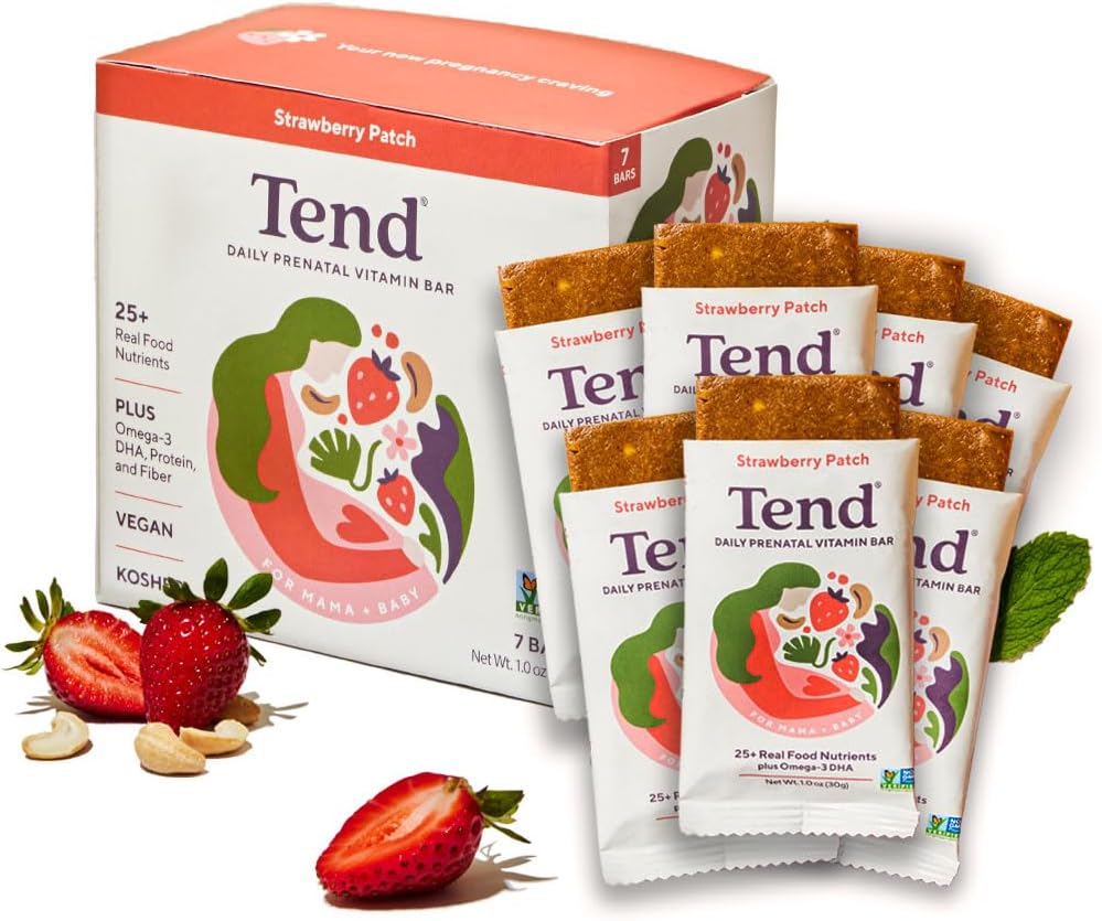 Tend Daily Best Prenatal Witamina Bar, Made with Organic Składniki dla ciężarnych i poporodowych matek, Zawiera DHA, Witamina D, B, Cholina, Folate, Lecytyna słonecznikowa - Strawberry Patch (7ct)