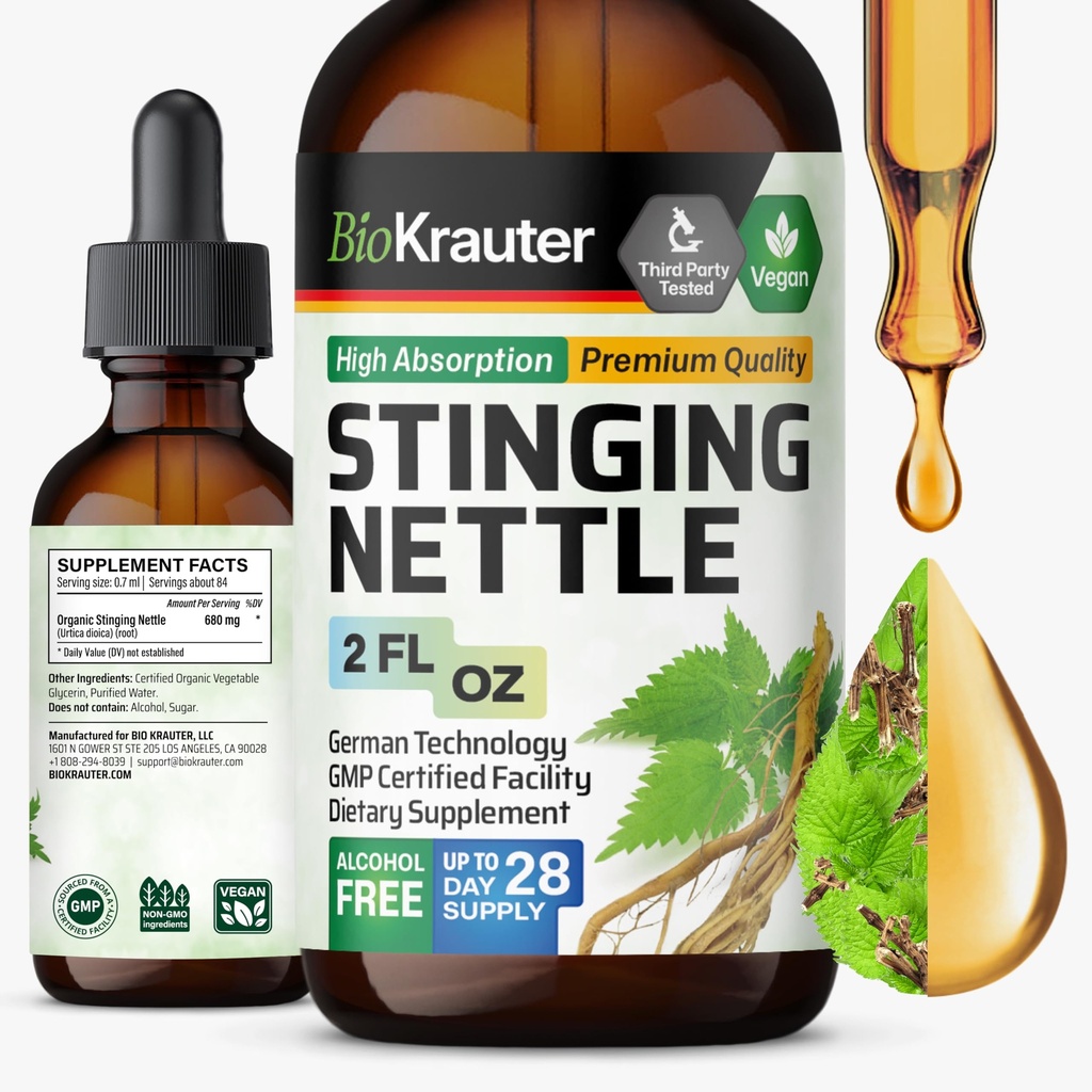 BIO KRAUTER Stinging Nettle Tincture - Nettle Root Extract Liquid - Urynary Support Supplement - Urtica Dioica Natural Extract - Vegan, Sugar & Alcohol Free Drops 2 Fl.Oz.
