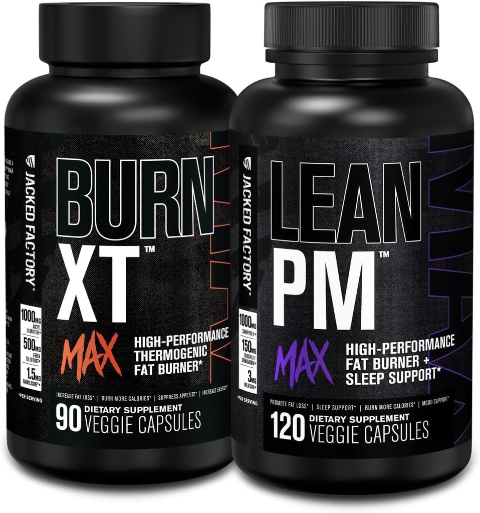 Jacked Factory Burn- XT Max - Termogeniczny tłuszcz Burner & Appetite Supressant (90 Kapsułek) & Lean PM Max Wysokosprawna utrata masy ciała, Tłuszcz Burner, & Apetite Supressant (120 Kapsułek)