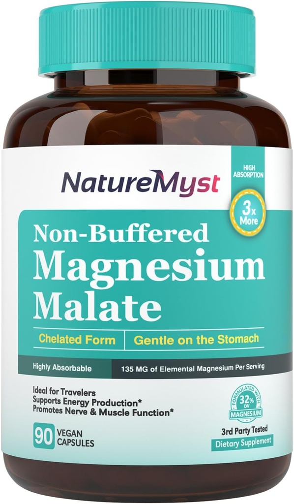 Magnezu jabłczan, Chelated Form, Wysoce wchłaniane, Nie buforowane, Delikatny na żołądku, dla dorosłych i dzieci, Elastyczna dawka, Produkcja energii, Nerve & Muscle Function, 90 Kapsułki wegańskie